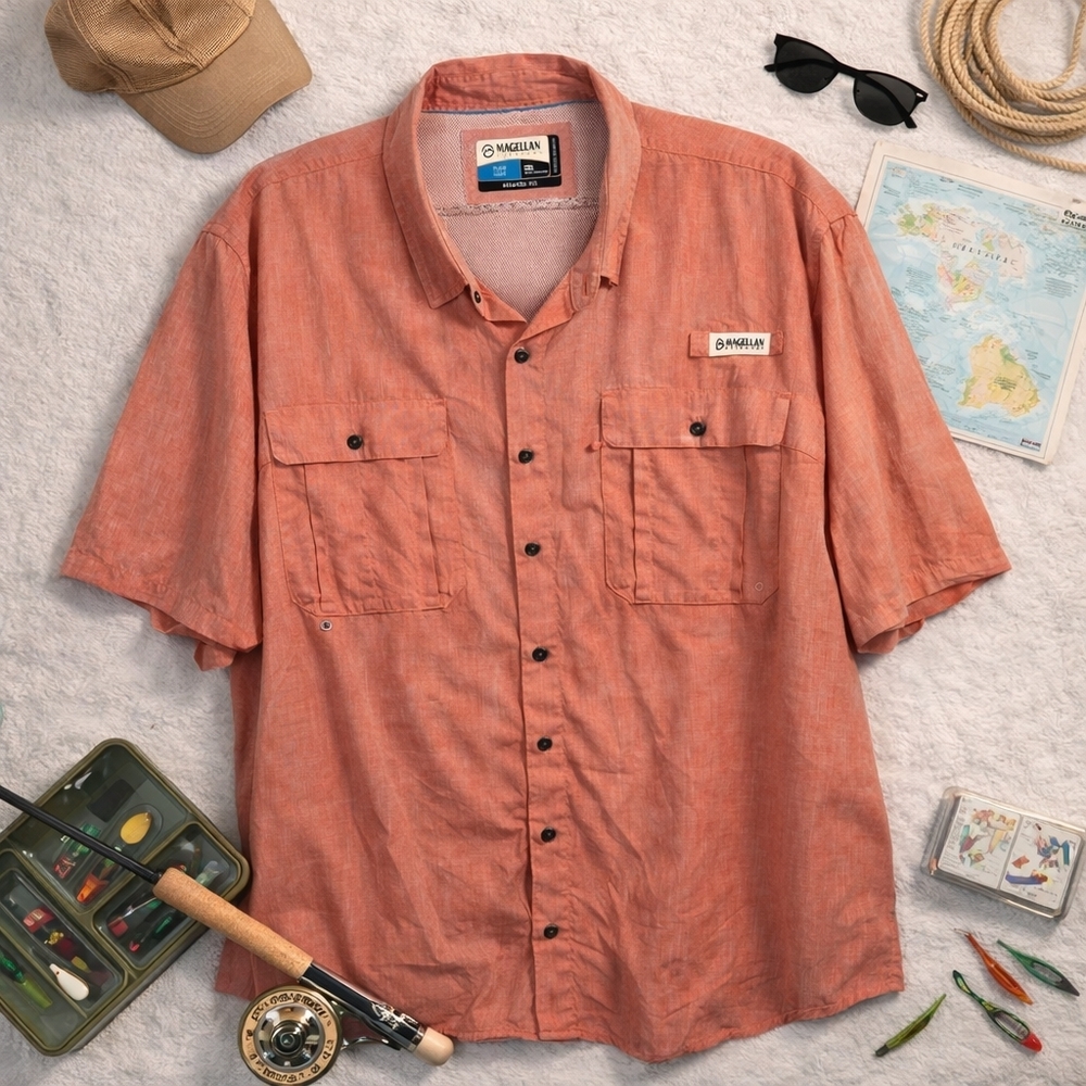 Magellan FISHGEAR NWOT LOT OF 2 S-Sleeve Plaid and Solid Peach Shirts. MENS 3XL - Picture 2 of 16